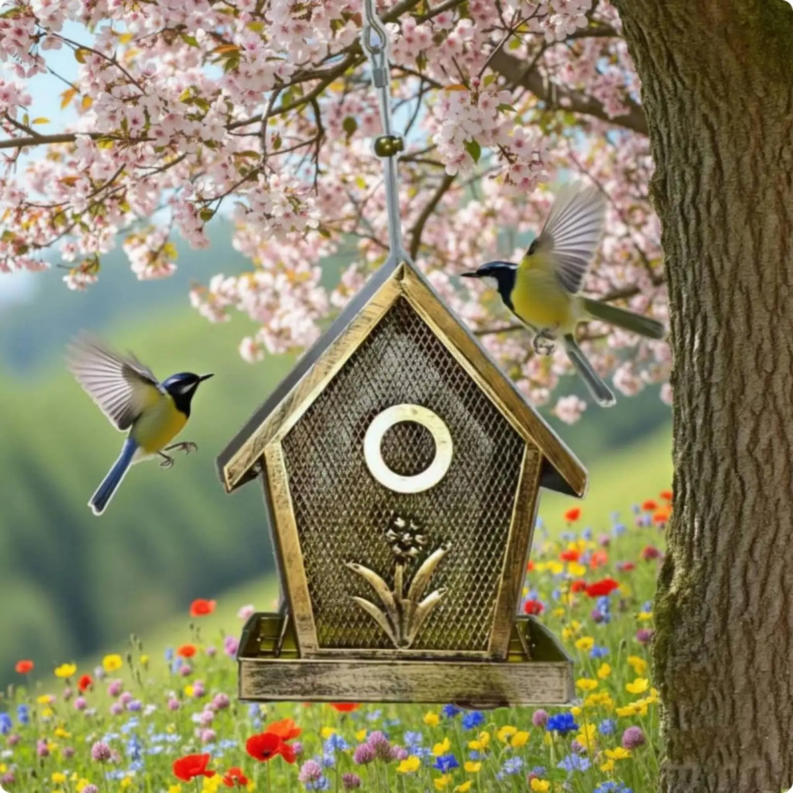 Comedero vintage metálico para pájaros silvestres – Jardín y balcón - imagen 3
