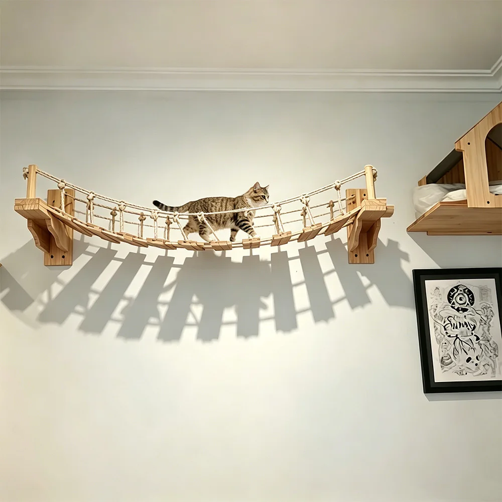 Puente de madera para gatos montado en pared, escalera y estante - imagen 5