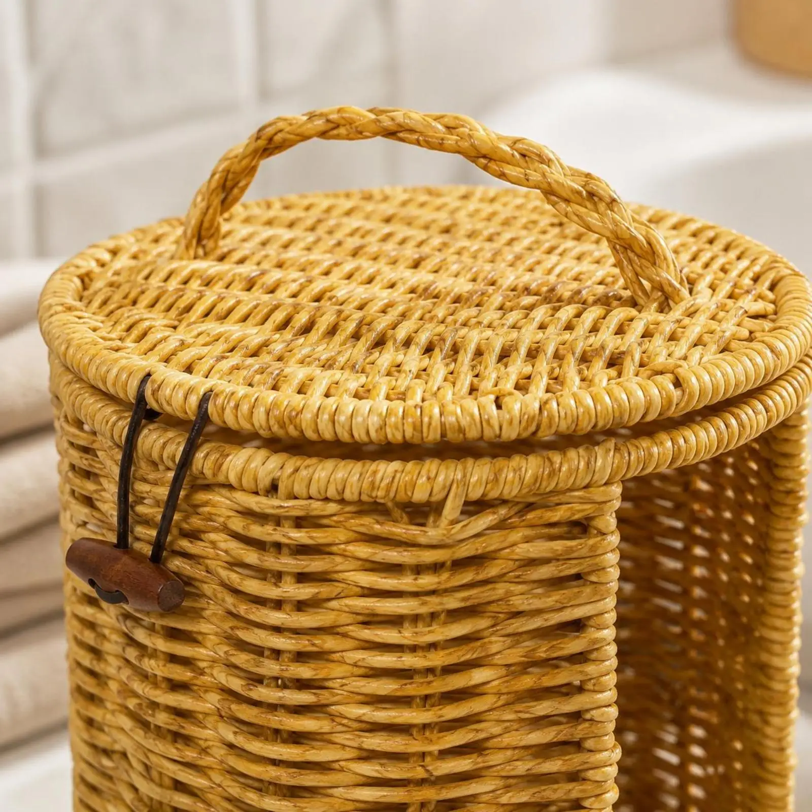 Portarrollos mimbre con tapa cesta alta para baño y hogar - imagen 2