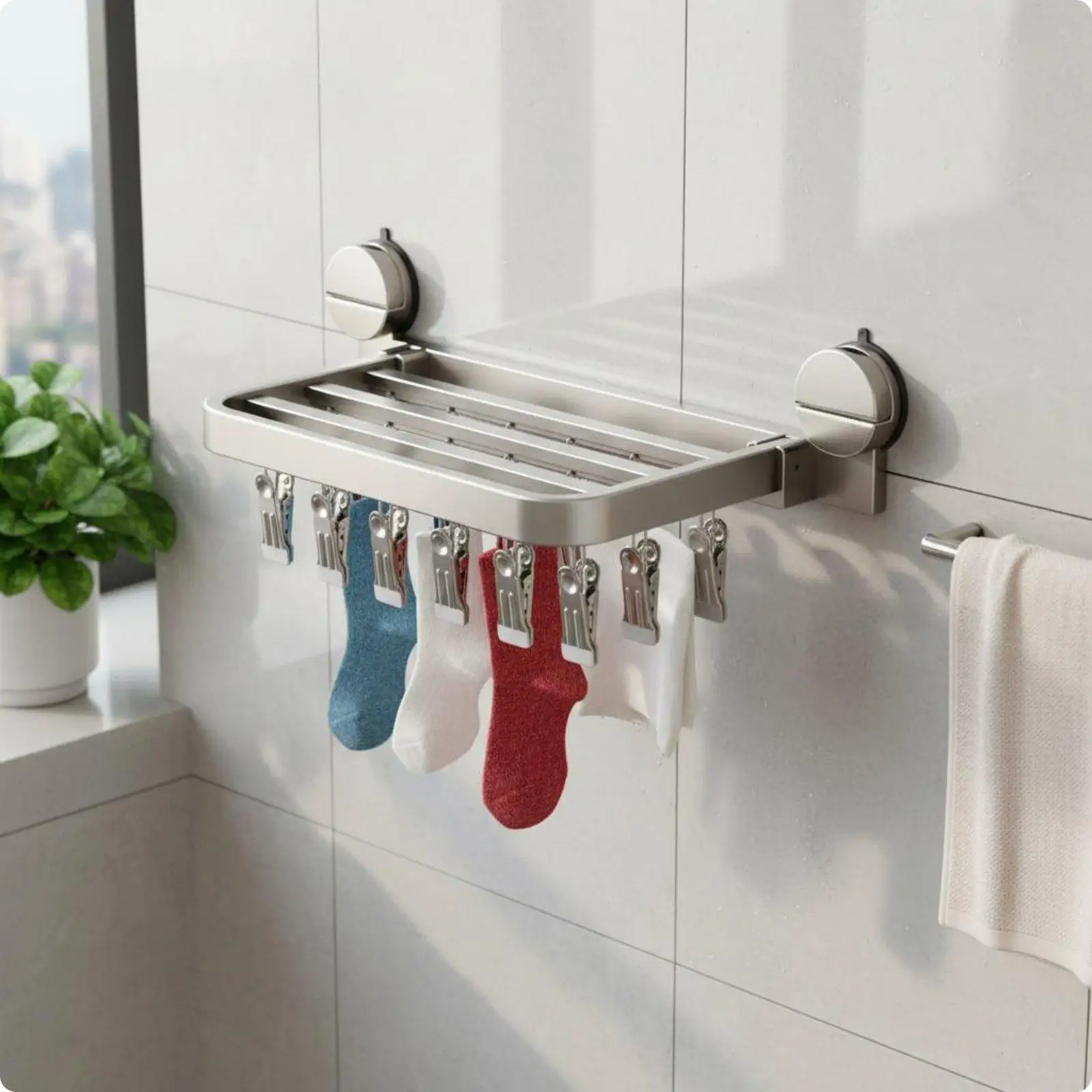 Tendedero Plegable para Ropa con 18 Pinzas y Ventosas Antiviento - imagen 4