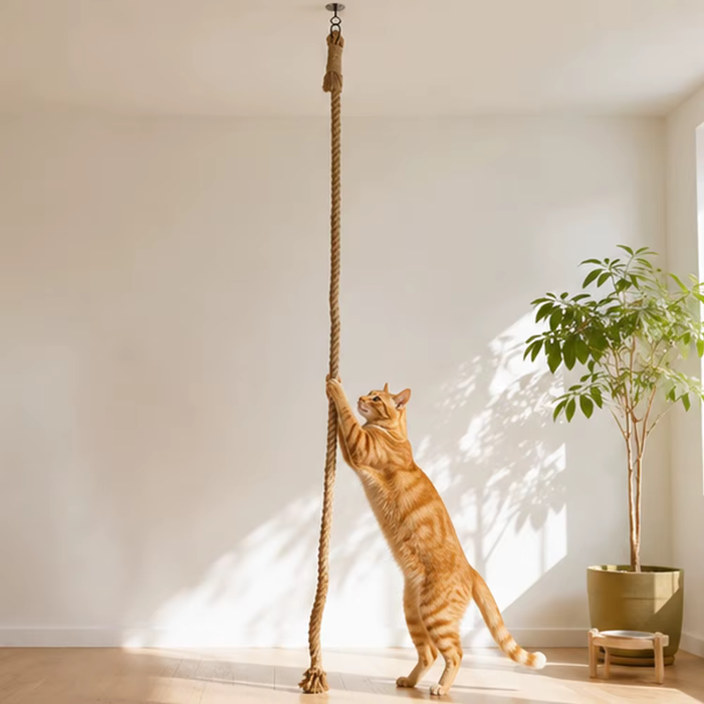 Rascador de pared para gatos con cuerda de sisal y escalón de madera - imagen 4