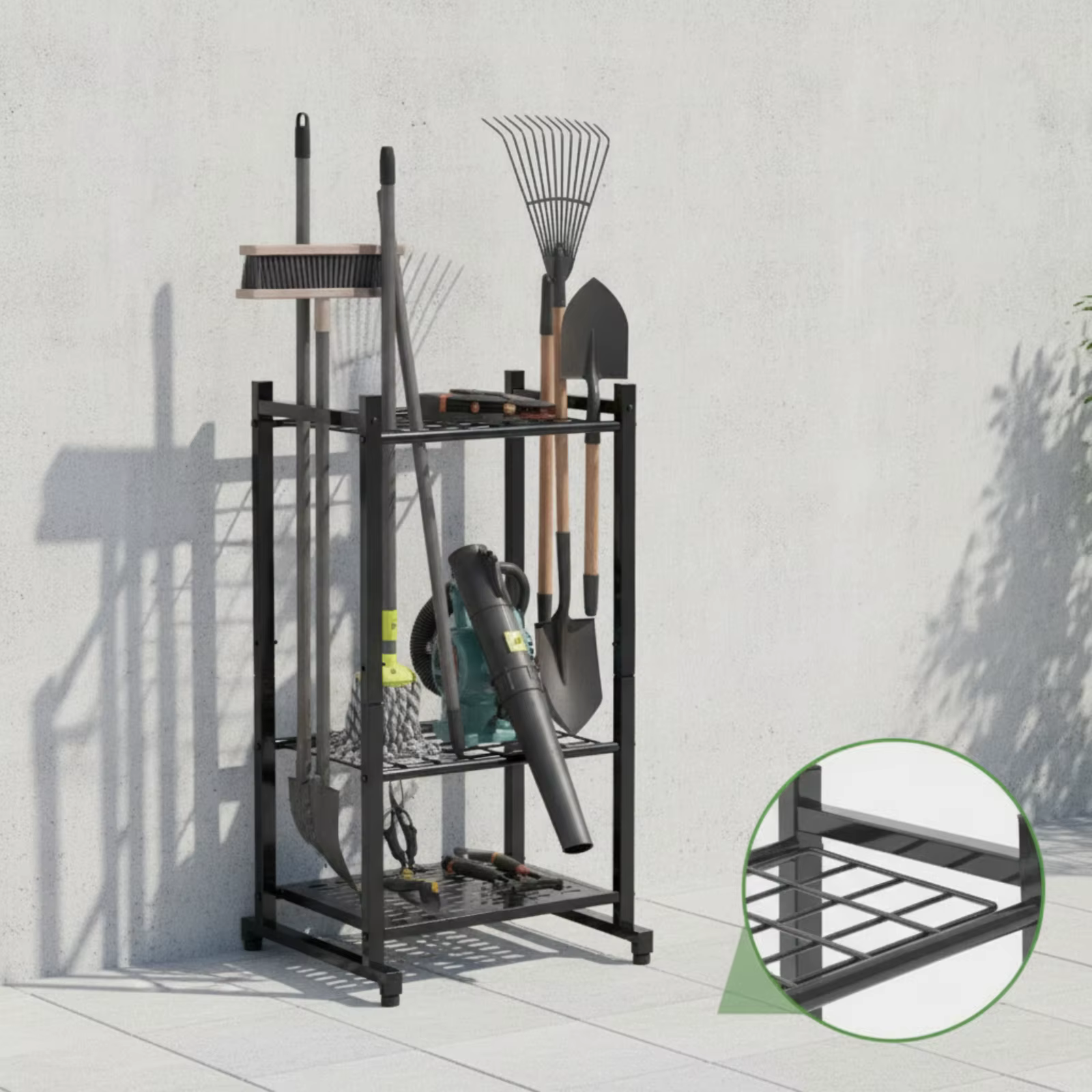 Organizador de herramientas de jardín de tres niveles – Soporte para palas y rastrillos - imagen 2