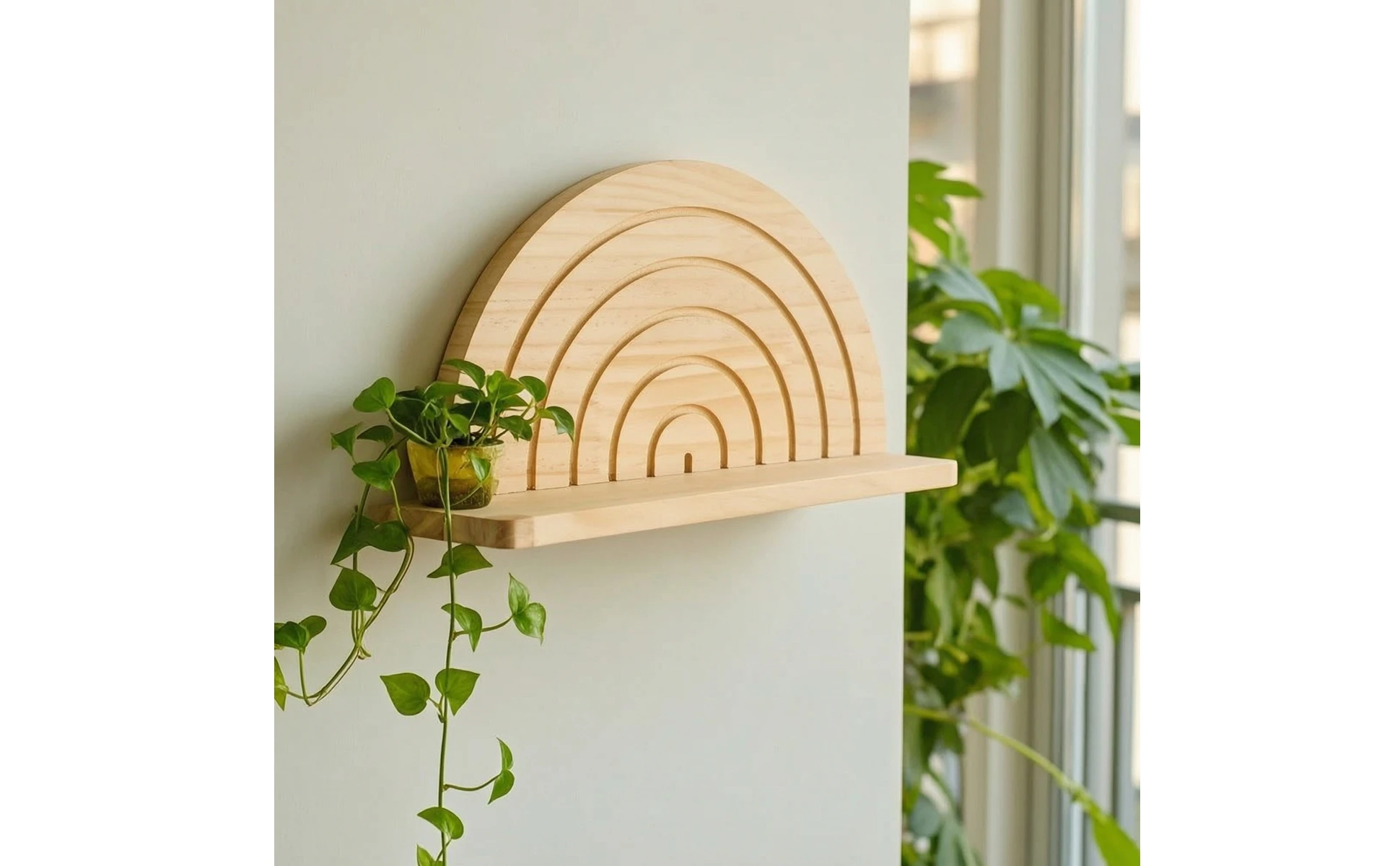 Detalle del diseño arqueado y acabado natural del estante de pared
