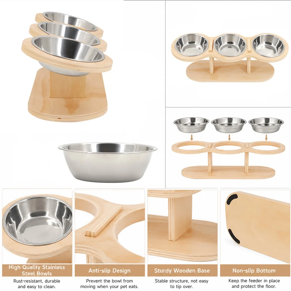Comedero elevado madera acero 3 tazones para perro y gato - imagen 2