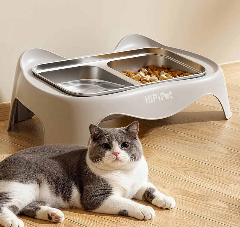 Comedero elevado con gato usando el producto
