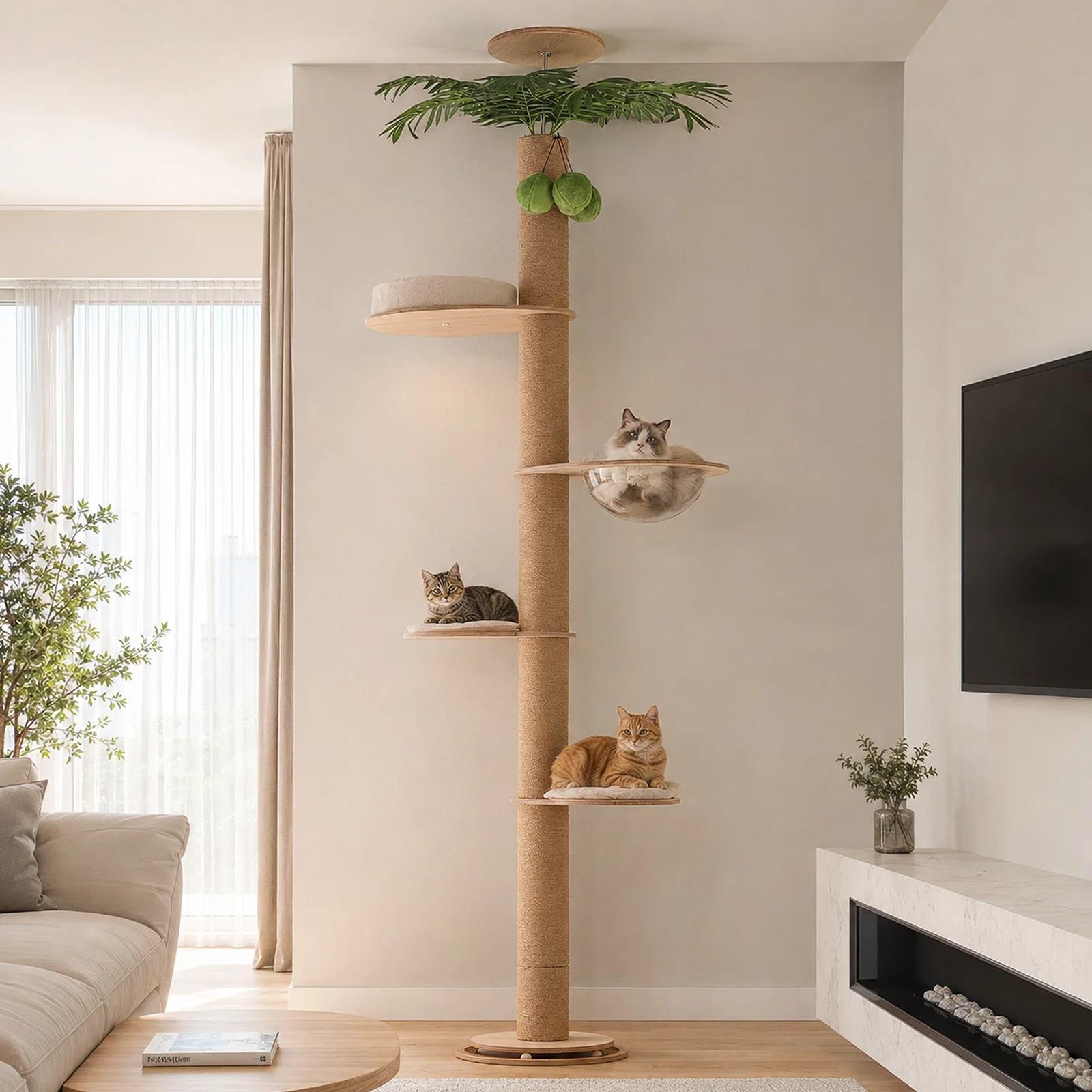 Torre para Gatos de Piso a Techo con Rascador y Cama – Árbol Ajustable - imagen 3