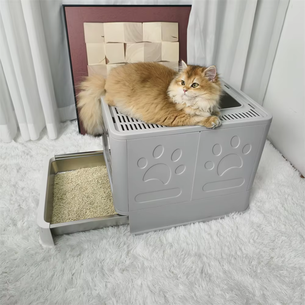 Caja de arena cerrada acero inoxidable para gatos con tapa