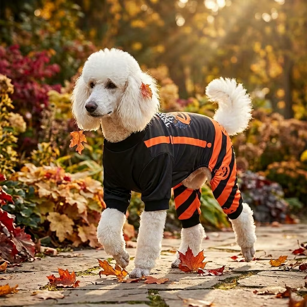 Perro pequeño con mono temático de calabaza