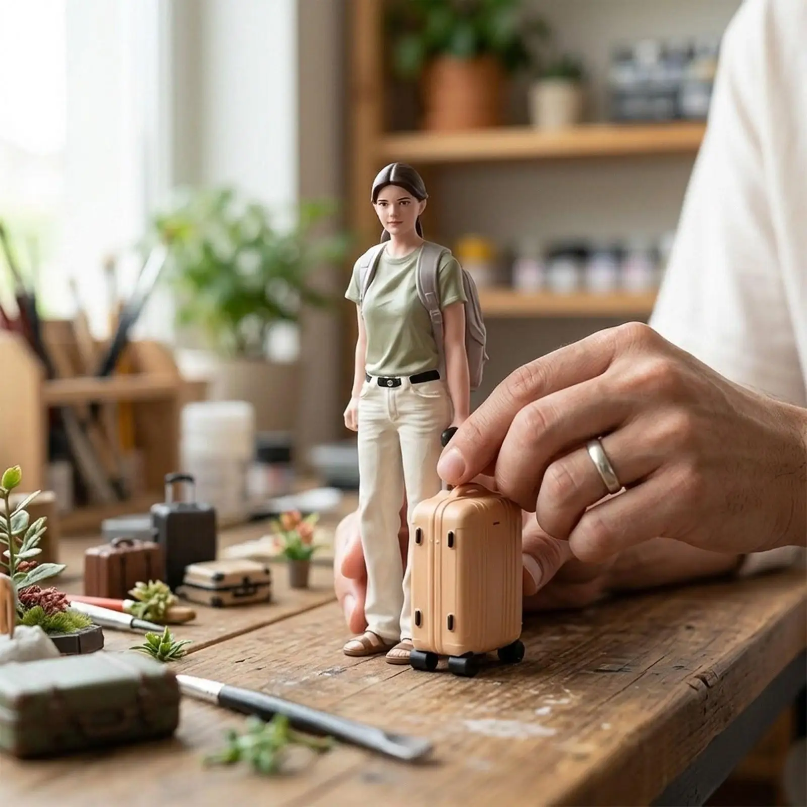 Mini figura decorativa chica con maleta 1/64 – Adorno de mesa a escala - imagen 3