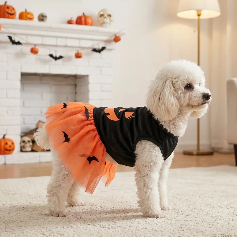 Traje Halloween calabaza para perro pequeño y mediano – Vestido naranja con tul - imagen 5