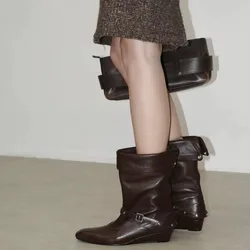 Botas de piel gamuza mujer con cuña – Botines plegables otoño invierno