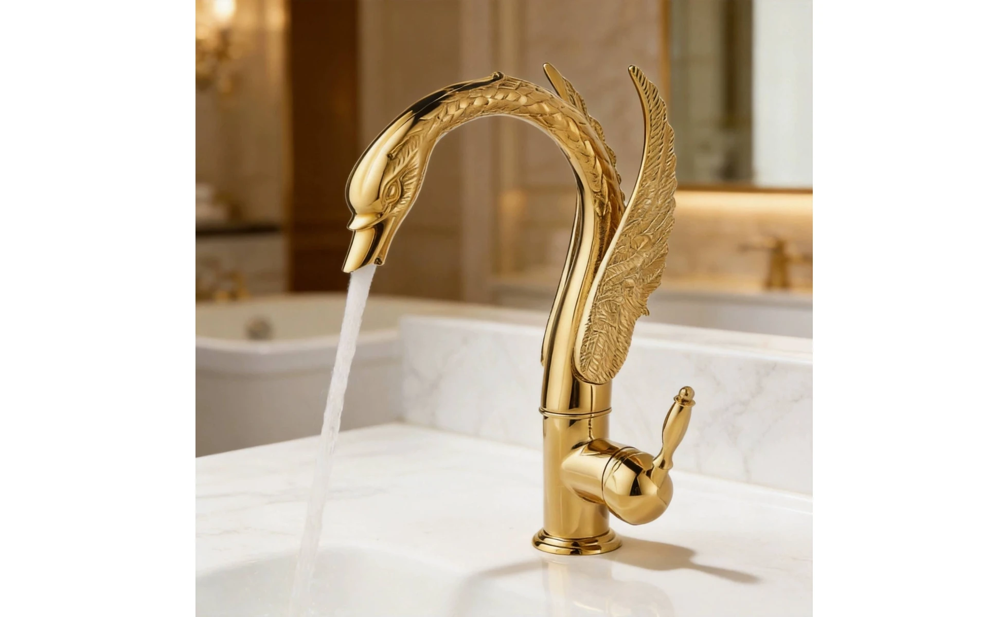 Detalle del acabado pulido del grifo swan de cobre en baño moderno