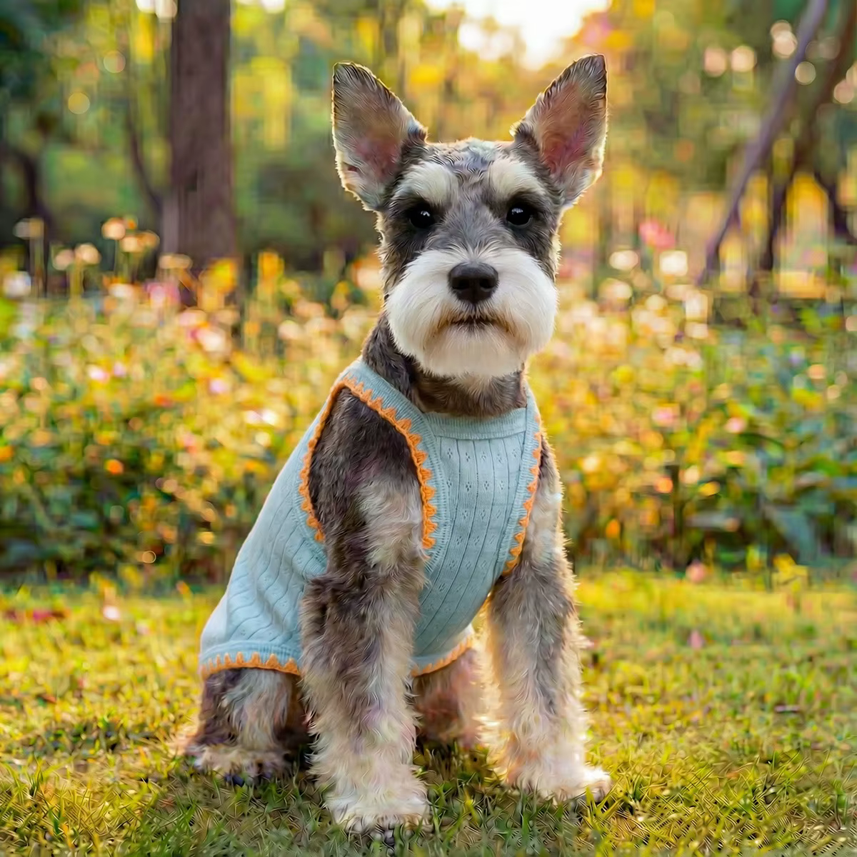 Perro usando el chaleco de verano en un entorno al aire libre