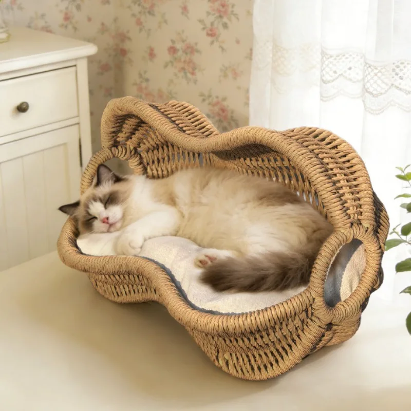 Cama para gato de ratan en forma de cacahuete con cojín lavable - imagen 5
