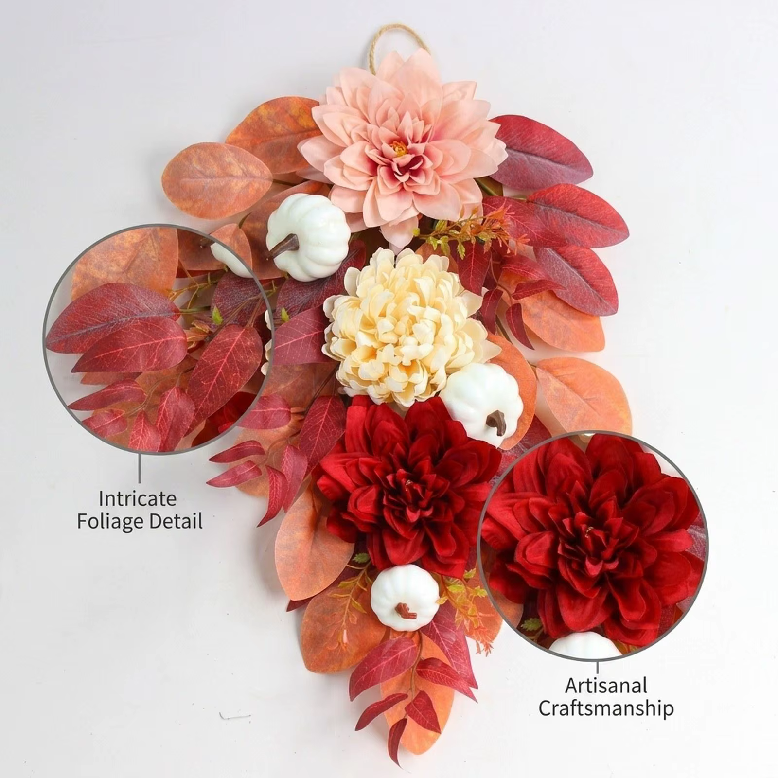 Corona de otoño decorativa para puerta – Flores artificiales y decoración natural - imagen 4