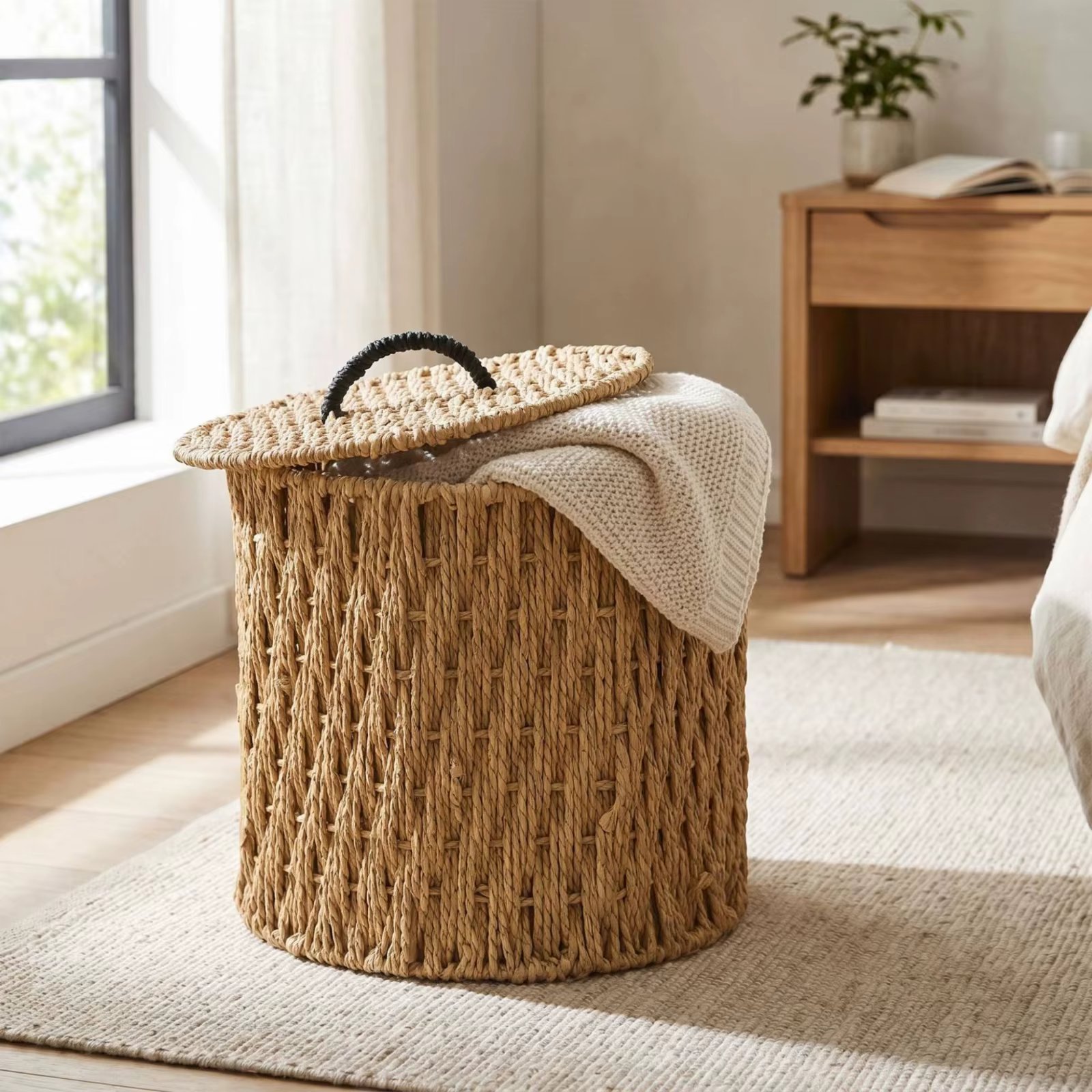 Cama cueva de cesta trenzada con tapa para gatos y perros mini - imagen 2