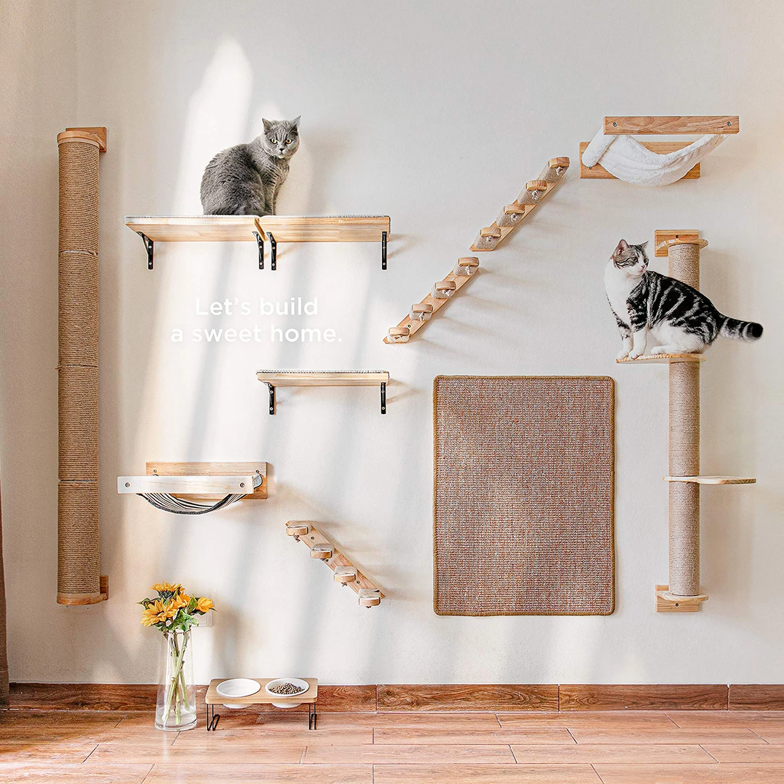 Rascador para gatos con estantes, hamaca y árbol de sisal - imagen 5