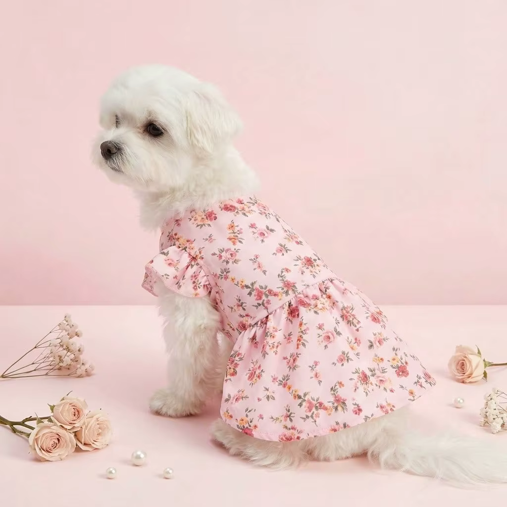 Vestido en perro pequeño durante paseo