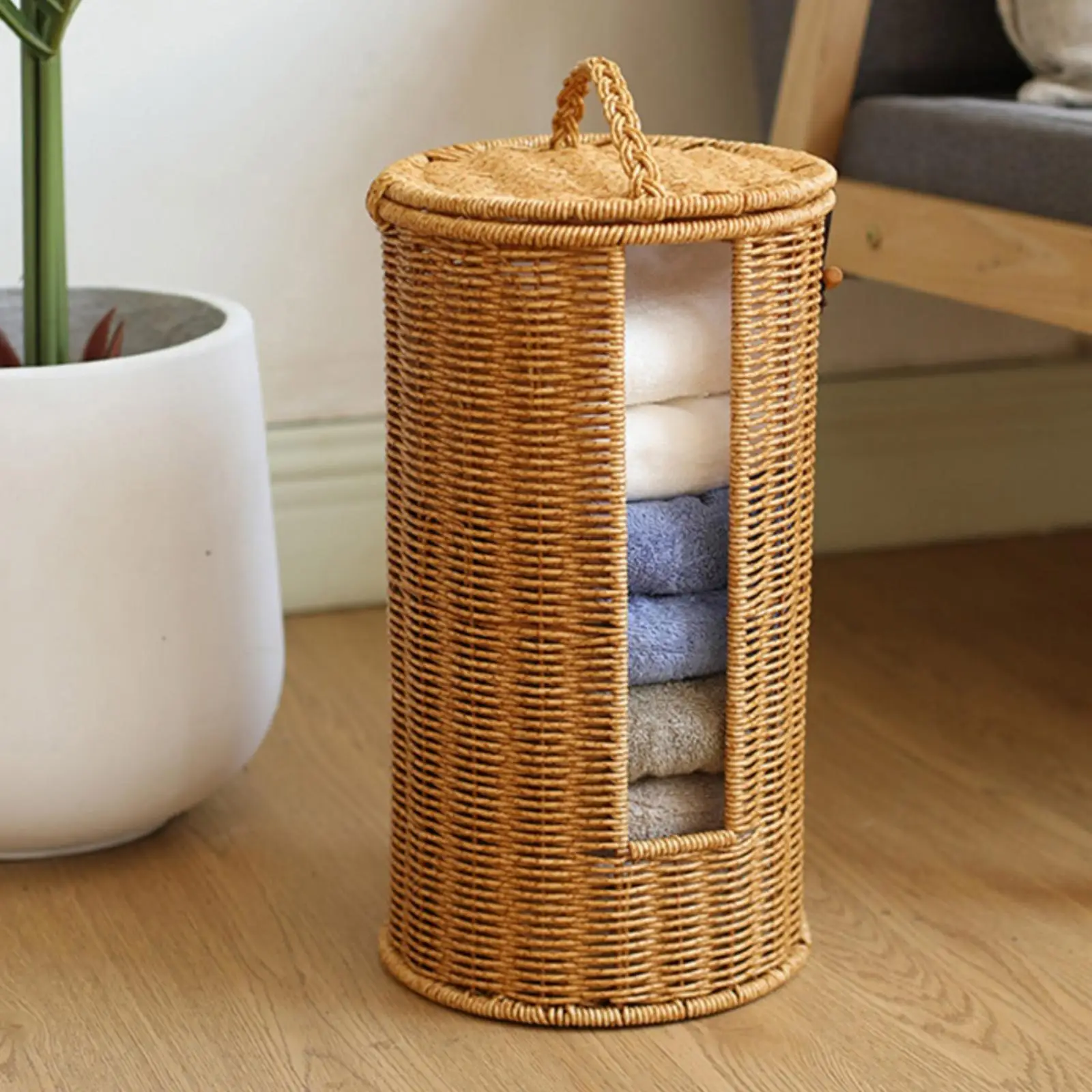 Portarrollos mimbre con tapa cesta alta para baño y hogar - imagen 4