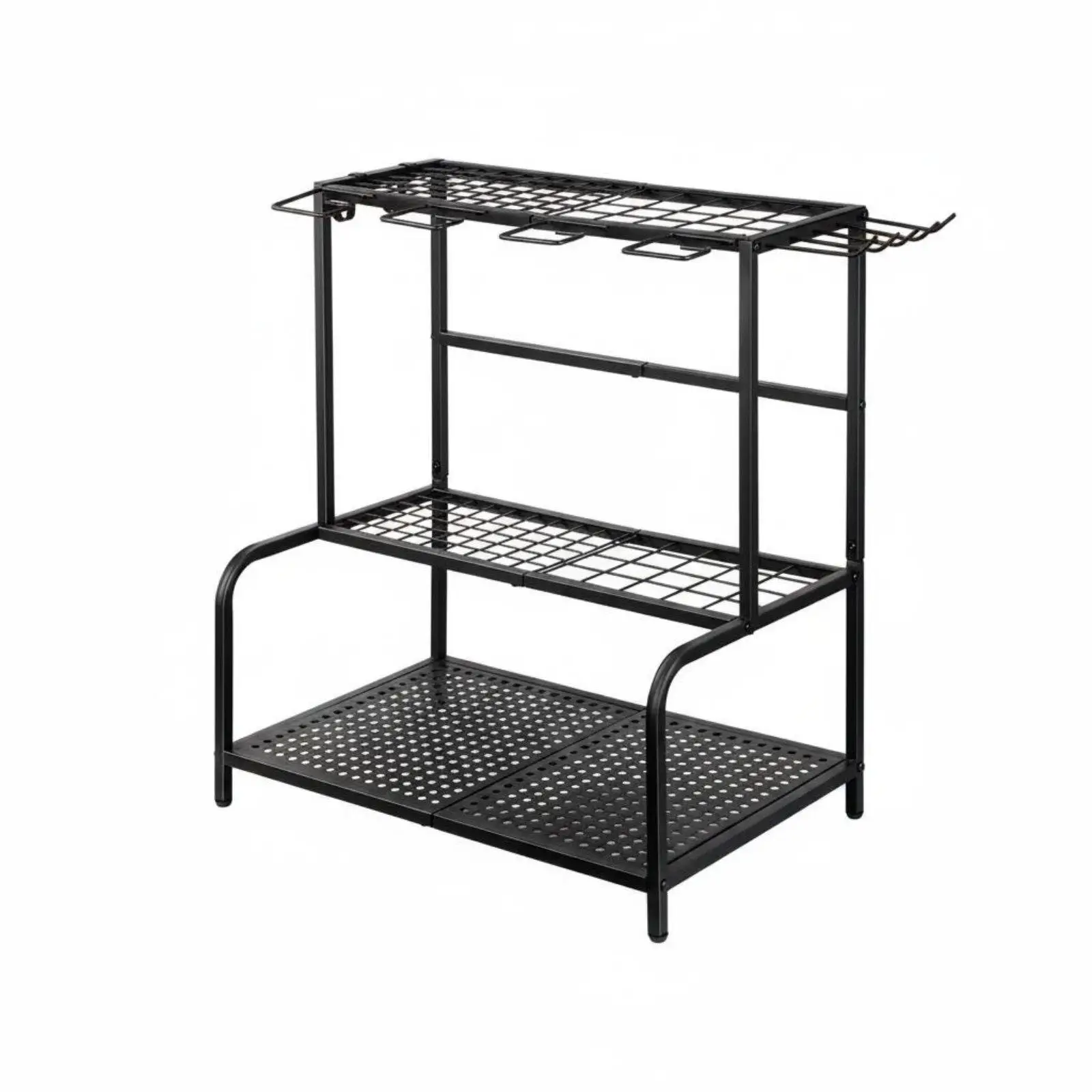 Soporte metálico para herramientas de jardín con patas ajustables
