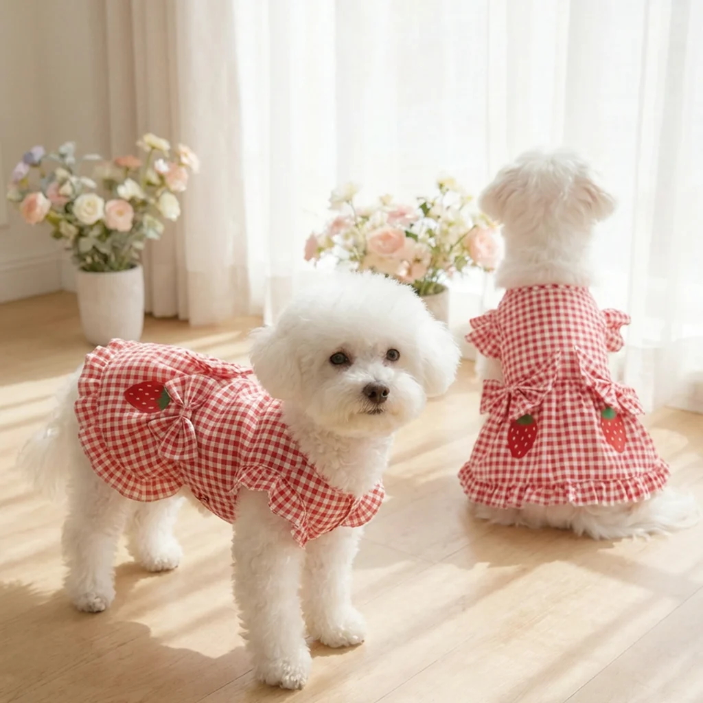Vestido a cuadros rojo y blanco con estampado de fresas para perros