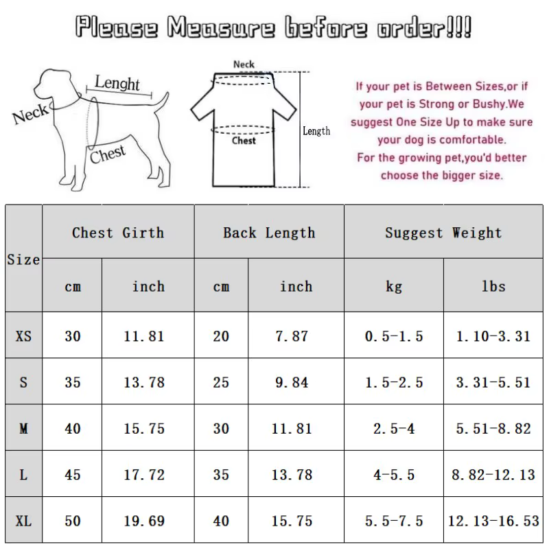 Tabla de tallas para chaqueta de perro