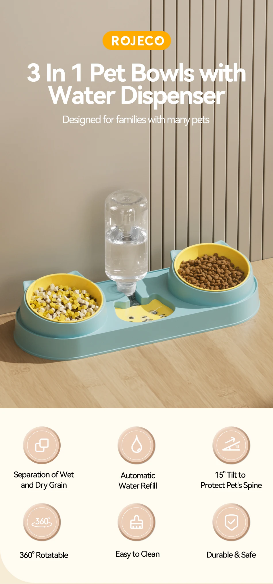Dispensador de agua automático con doble cuenco ROJECO