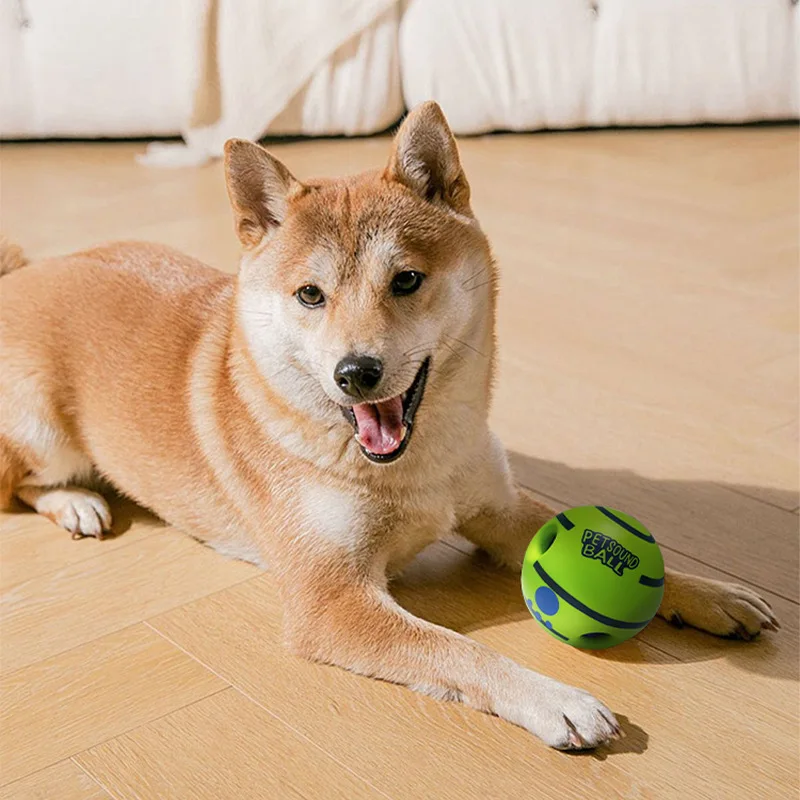 Perro mordiendo pelota interactiva resistente