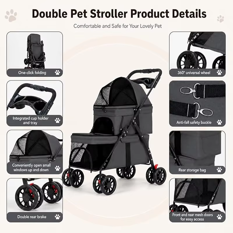 Carrito doble plegable para 2 perros o gatos pequeños – Con ruedas bloqueables