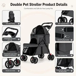 Carrito doble plegable para 2 perros o gatos pequeños – Con ruedas bloqueables