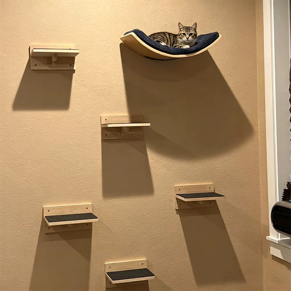 Estantes de escalada para gatos con hamaca curva y rascador en pared - imagen 5