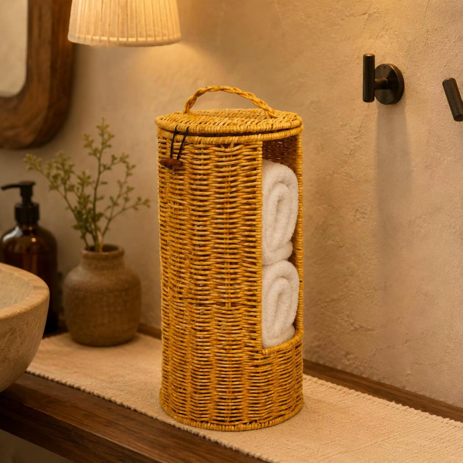 Portarrollos mimbre con tapa cesta alta para baño y hogar - imagen 3