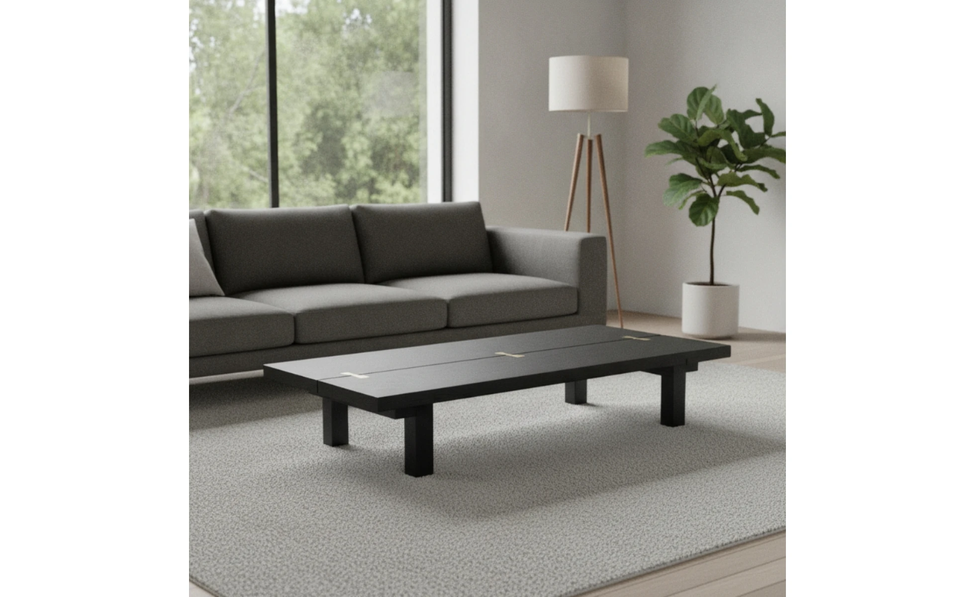 Mesa de té con incrustaciones de latón integrada en un espacio minimalista