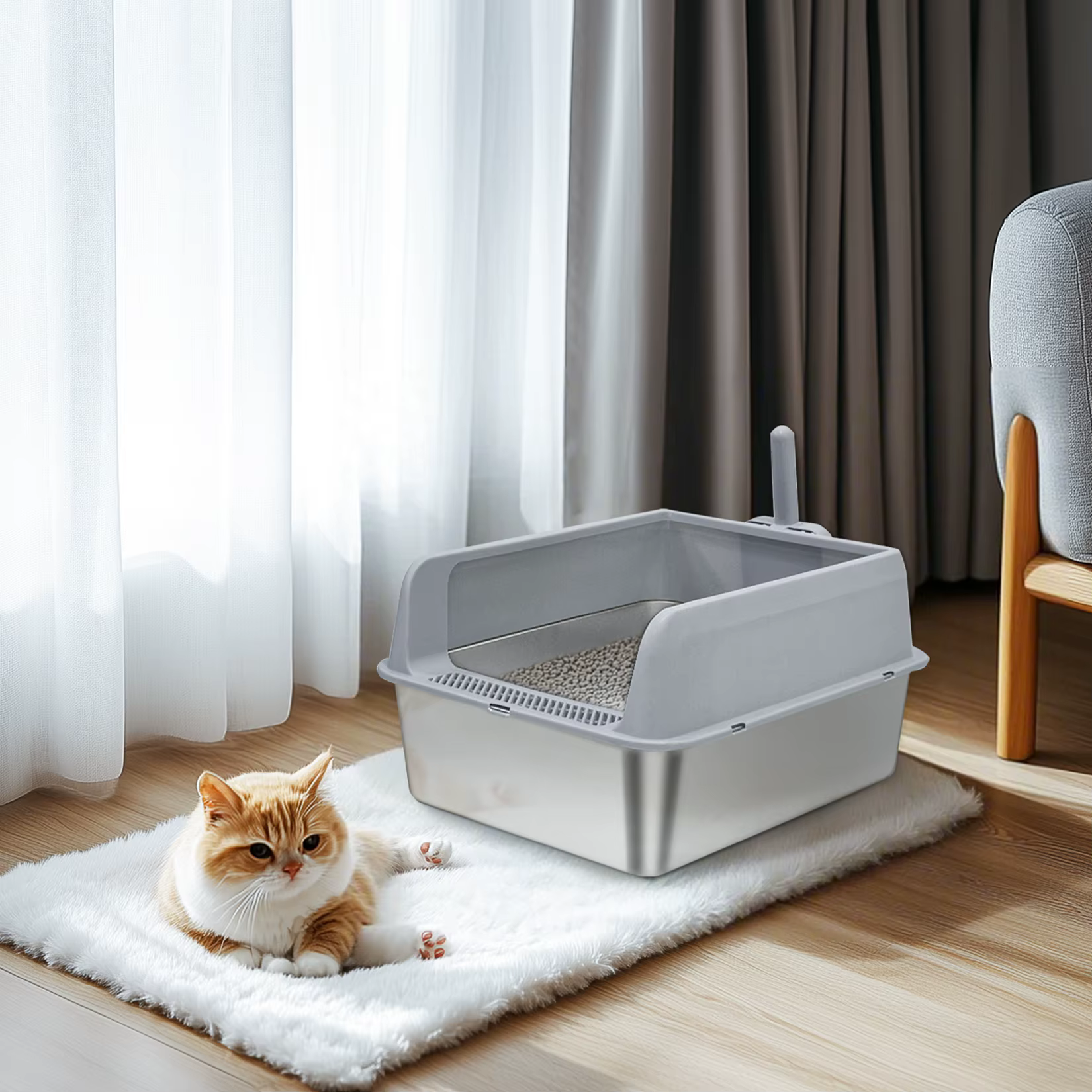 Caja arena acero inoxidable para gatos semiajustable, fácil limpiar - imagen 3