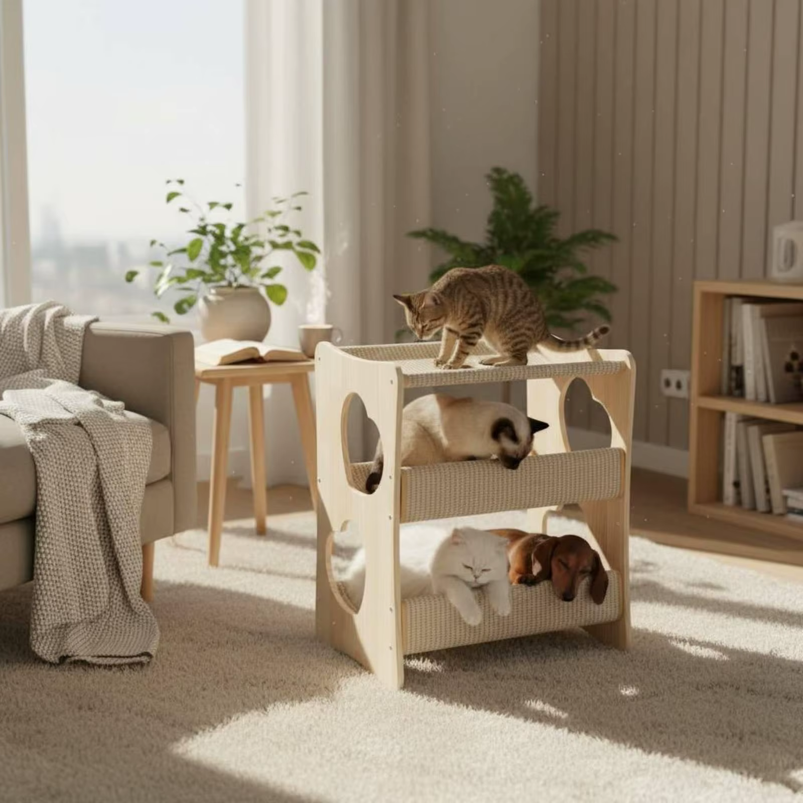 Cama multinivel para gatos con hamaca de madera – Rascador y descanso - imagen 4