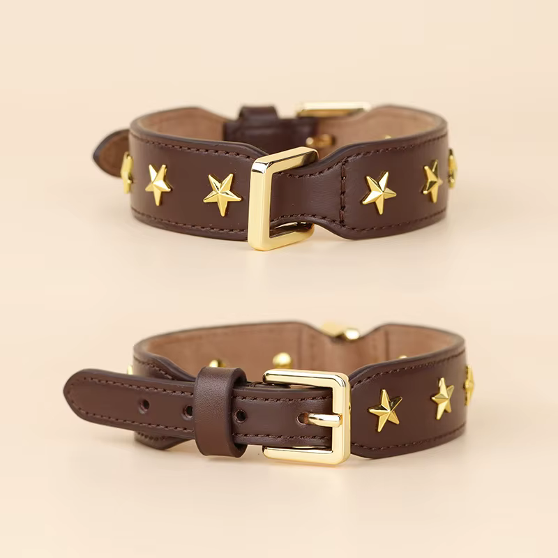 Collar de cuero genuino ancho y ajustable para perros y gatos - imagen 4