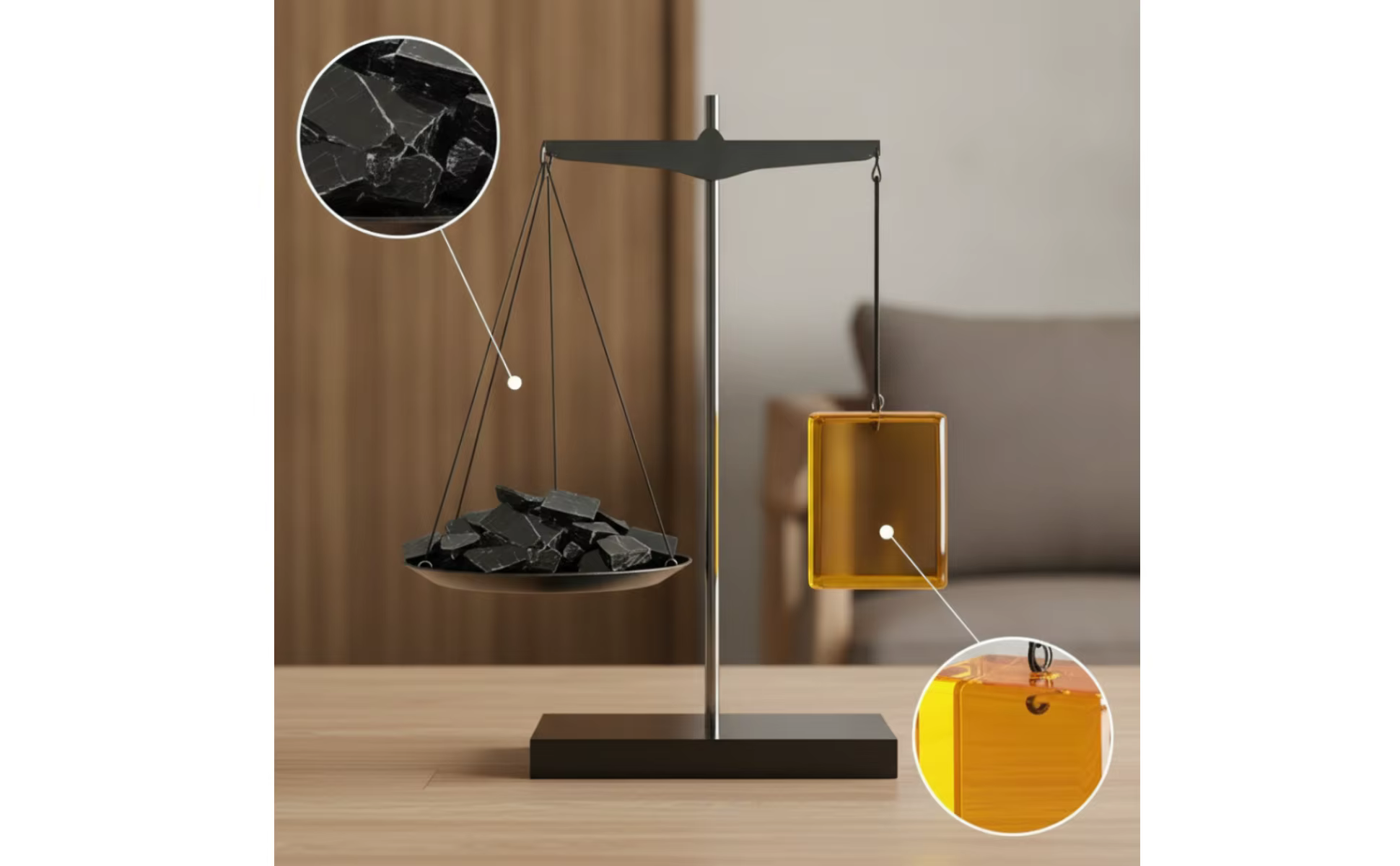 Vista completa de la báscula de equilibrio en entorno decorativo
