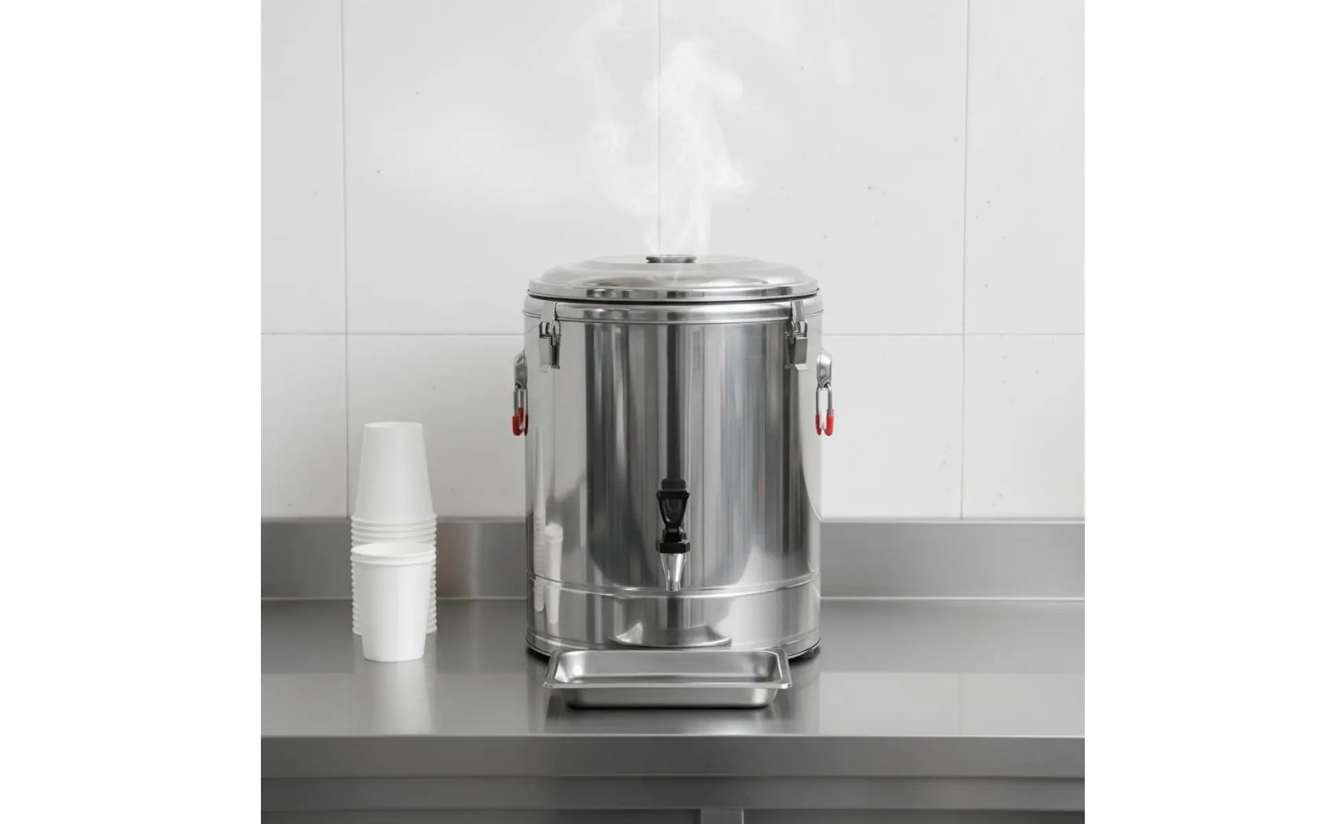 Contenedor de sopa aislado de acero inoxidable con aspecto profesional
