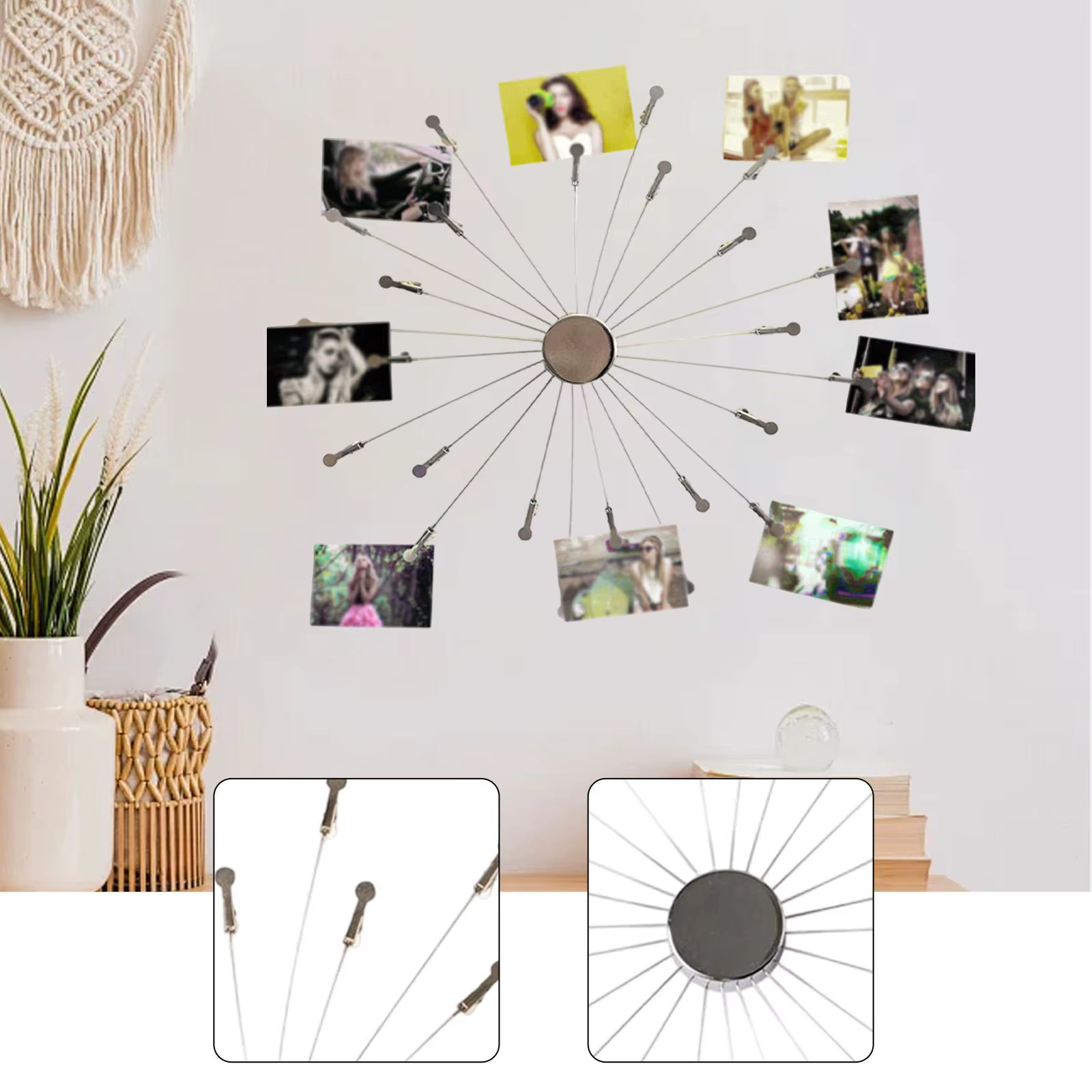 Portafotos metálico con clips para fotos y notas en pared