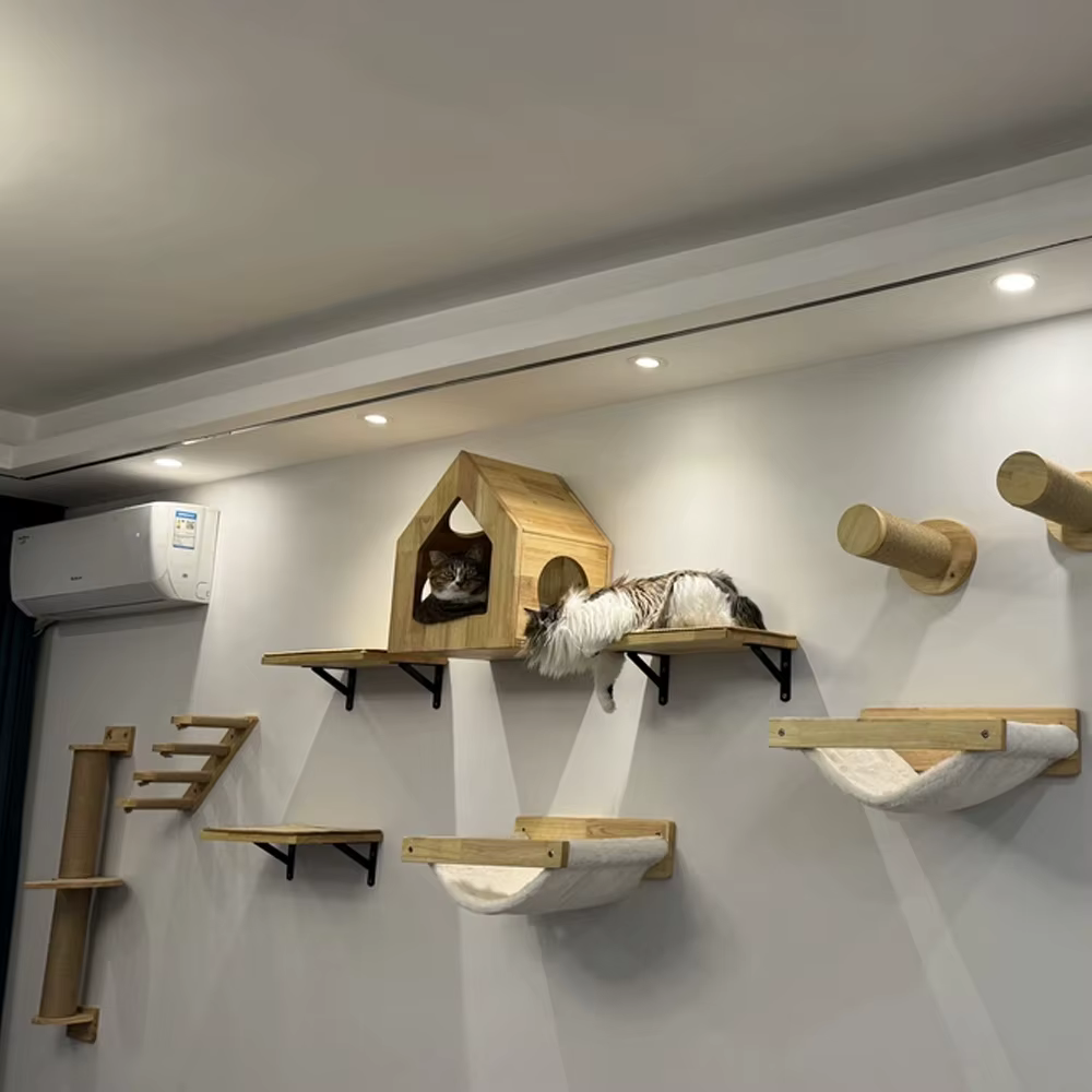 Rascador mural para gatos con plataformas de madera y poste de sisal - imagen 4