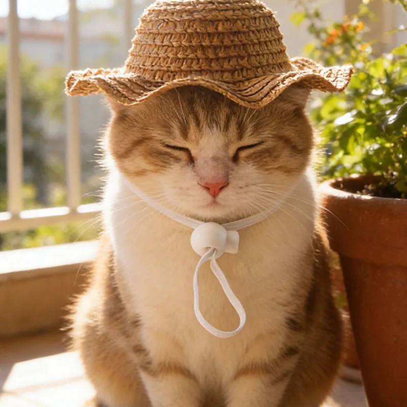Gato con sombrero de paja tejido estilo vaquero