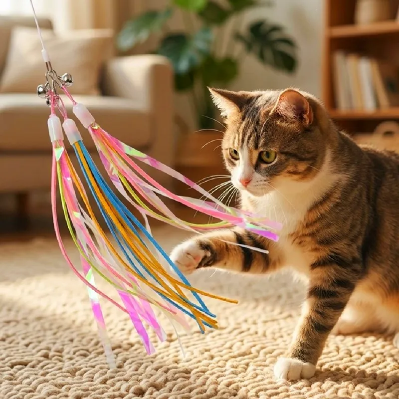 Varita interactiva para gatos con cinta y borlas – Juguete de caza - imagen 2