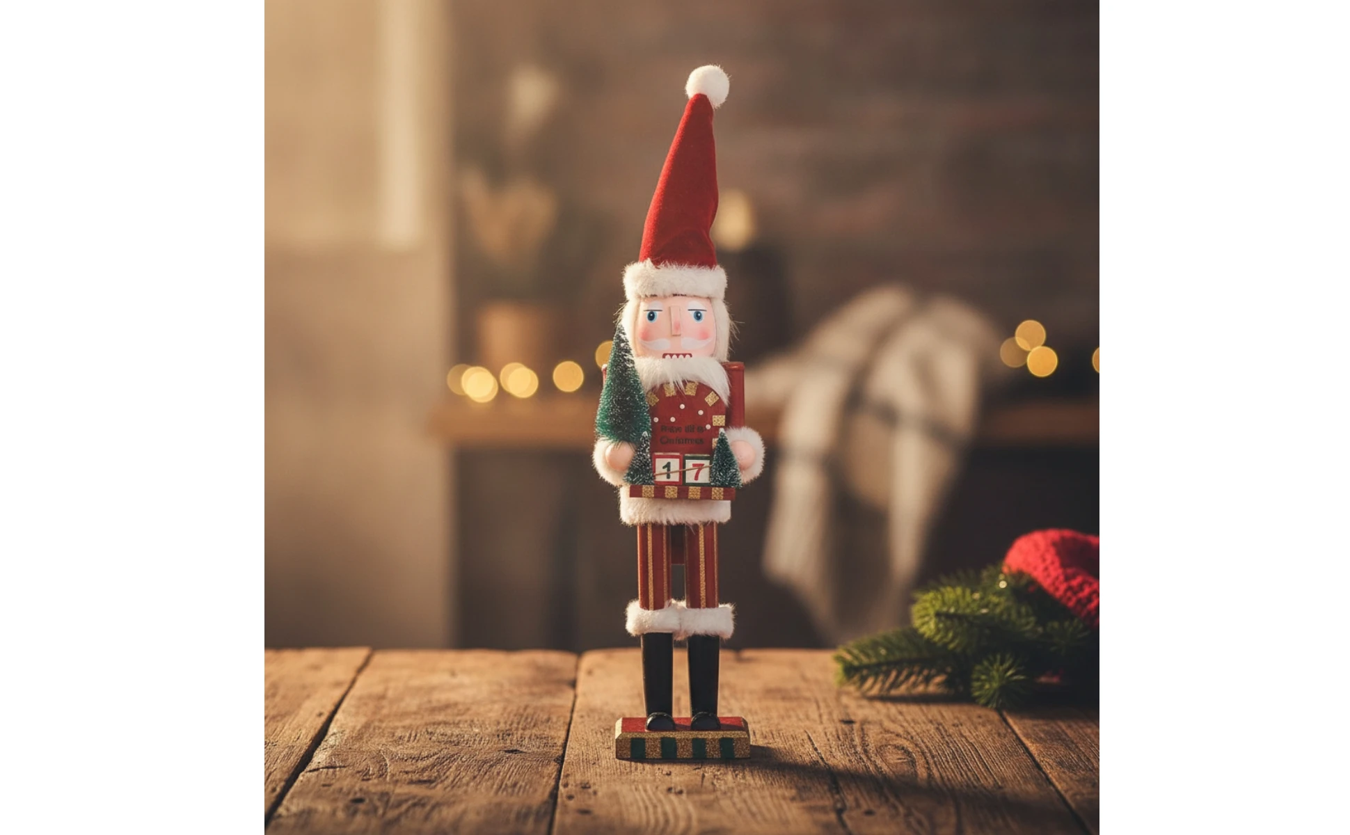 Cascanueces de madera para calendario de adviento sobre repisa