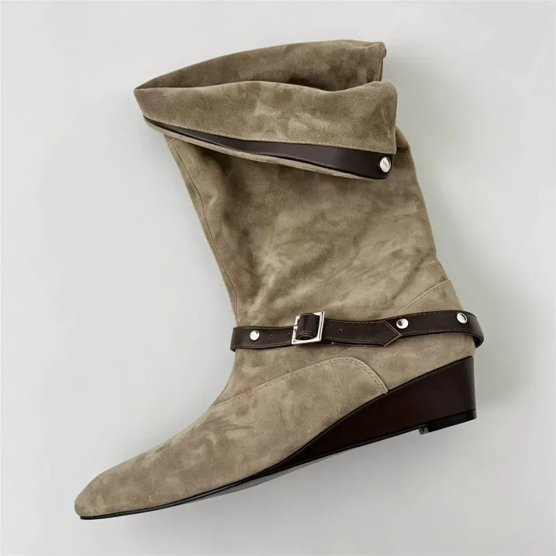 Botas de piel gamuza mujer con cuña – Botines plegables otoño invierno - imagen 2
