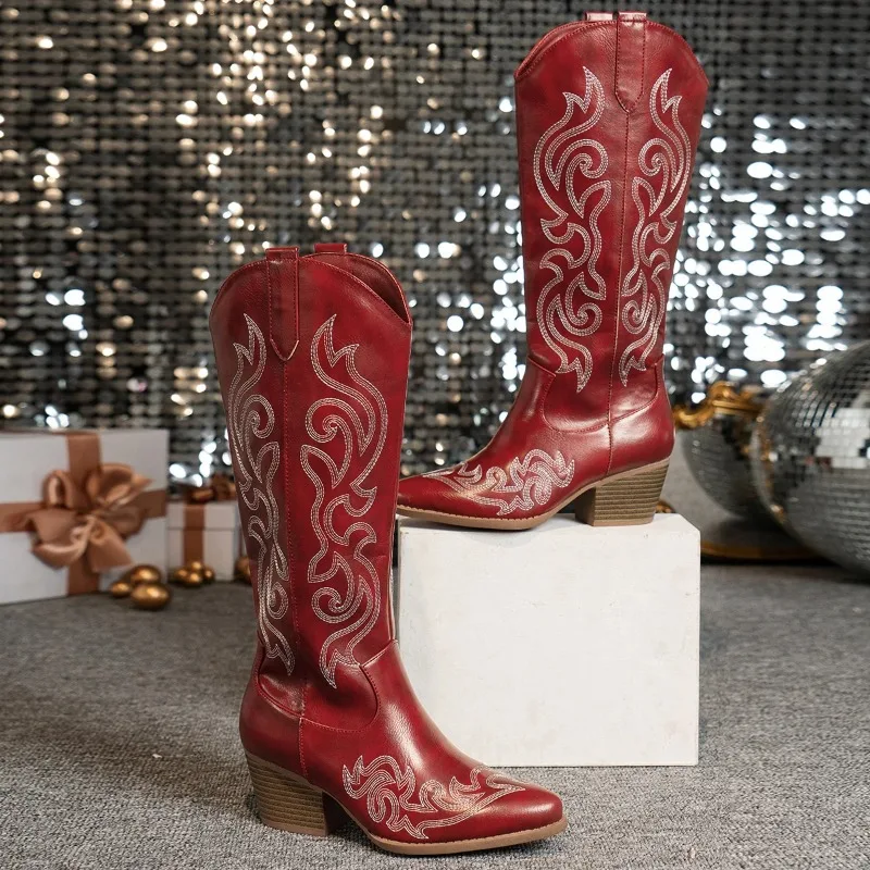 Botas vaqueras retro bordadas para mujer con tacón alto y cremallera lateral - imagen 2