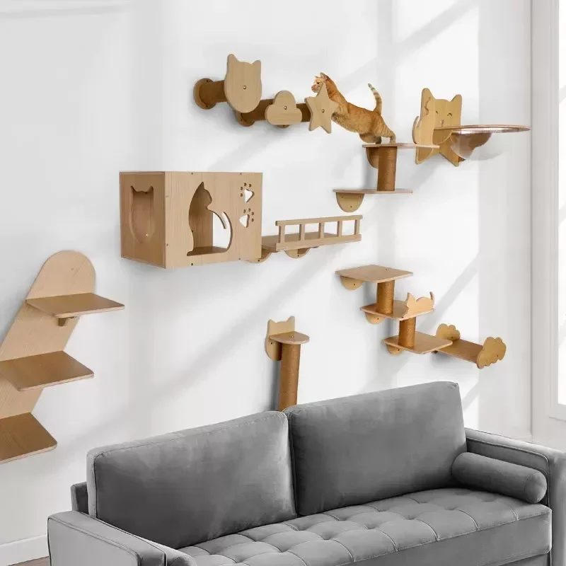 Parque de escalada mural para gatos con hamaca de madera y puente - imagen 5