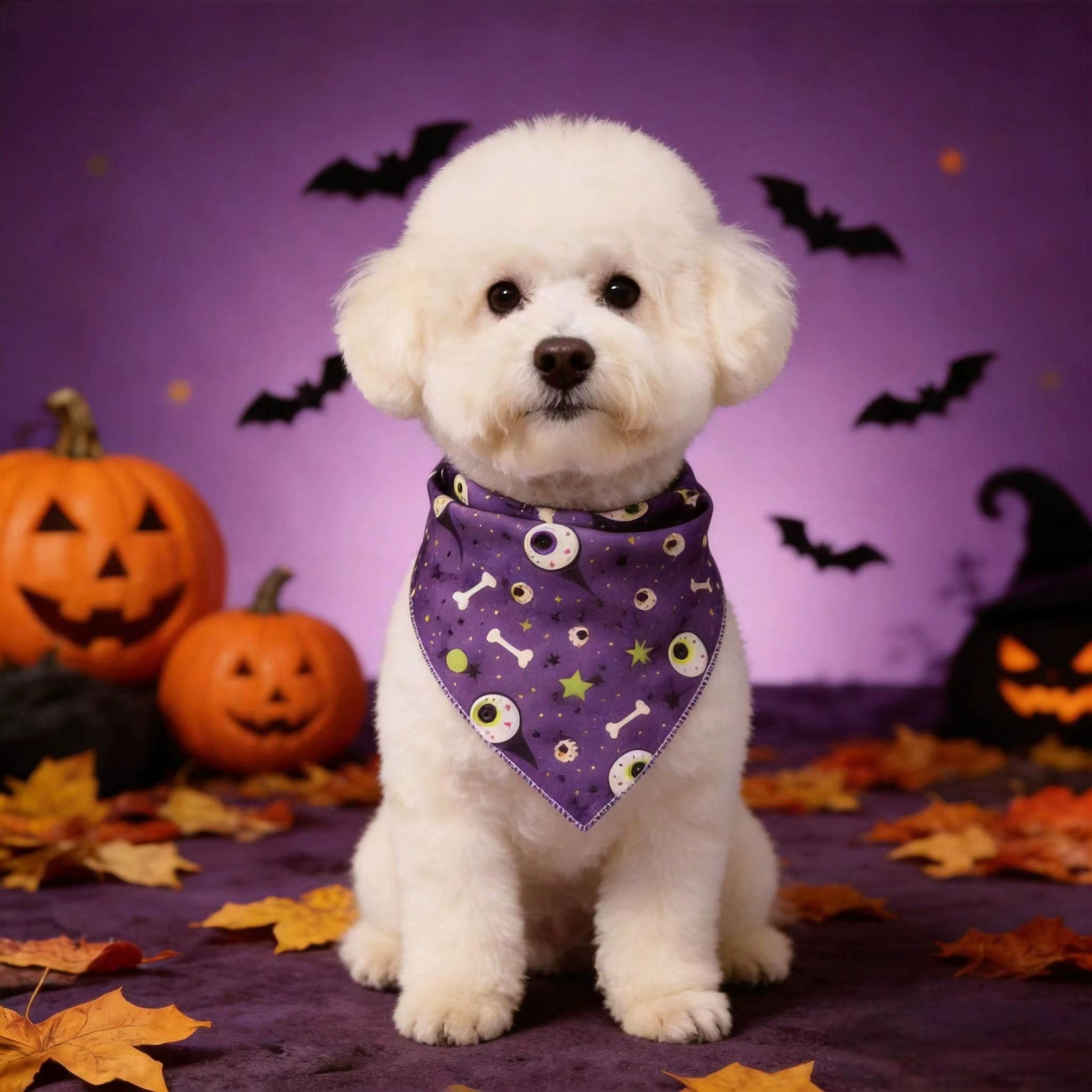pañuelo triangular morado para perro de Halloween con estampado de ojos y huesos espeluznantes combinación de colores