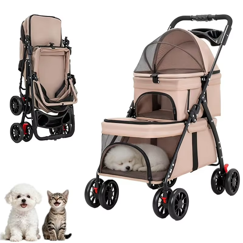 Carrito doble plegable para 2 perros o gatos pequeños – Con ruedas bloqueables - imagen 4