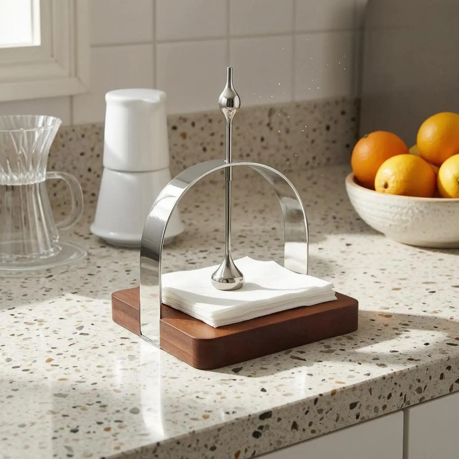 Porta Servilletas con Diseño Cuadrado y Arco Decorativo en un Entorno de Mesa Elegante