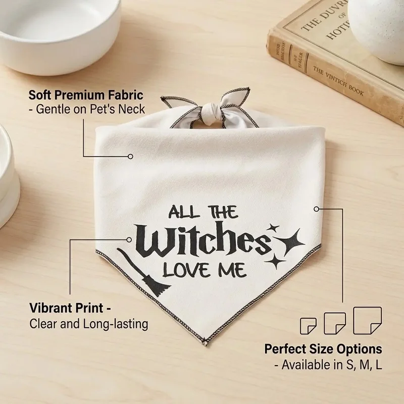 Pañuelo triangular Halloween para perros y gatos – Estampado bruja y escoba - imagen 2